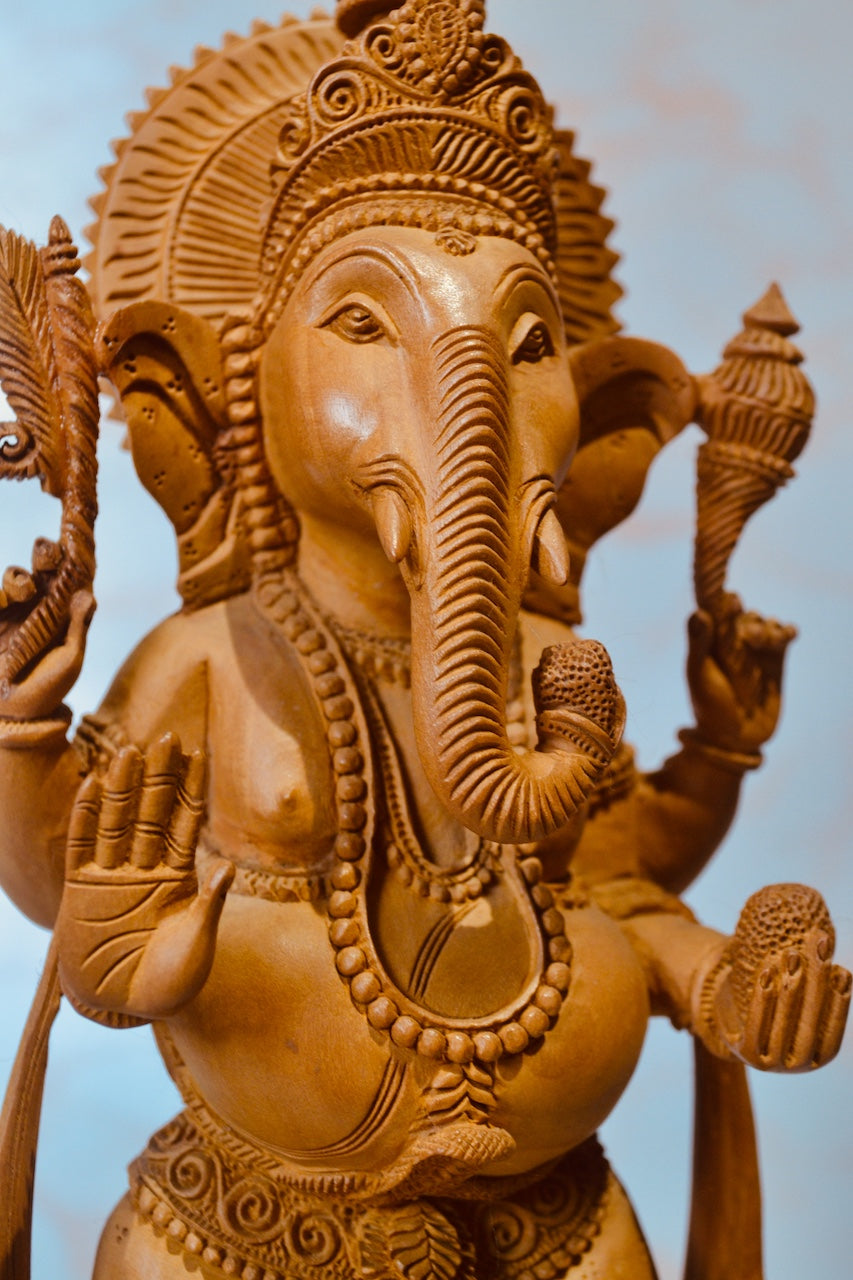 Wooden Standing Ganesha With Fine Detailed Carved Statue - Arts99 - Online Art Gallery