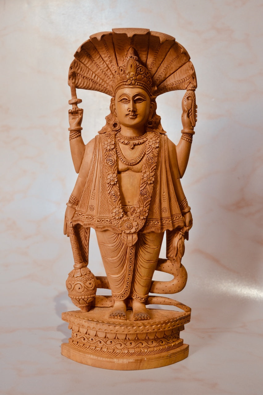 Wooden Carved Lord Vishnu Standing Statue with Snack Carved - Arts99 - Online Art Gallery