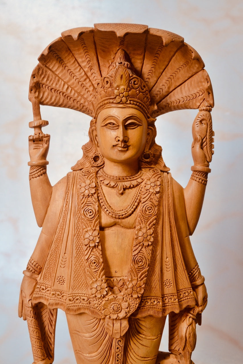 Wooden Carved Lord Vishnu Standing Statue with Snack Carved - Arts99 - Online Art Gallery