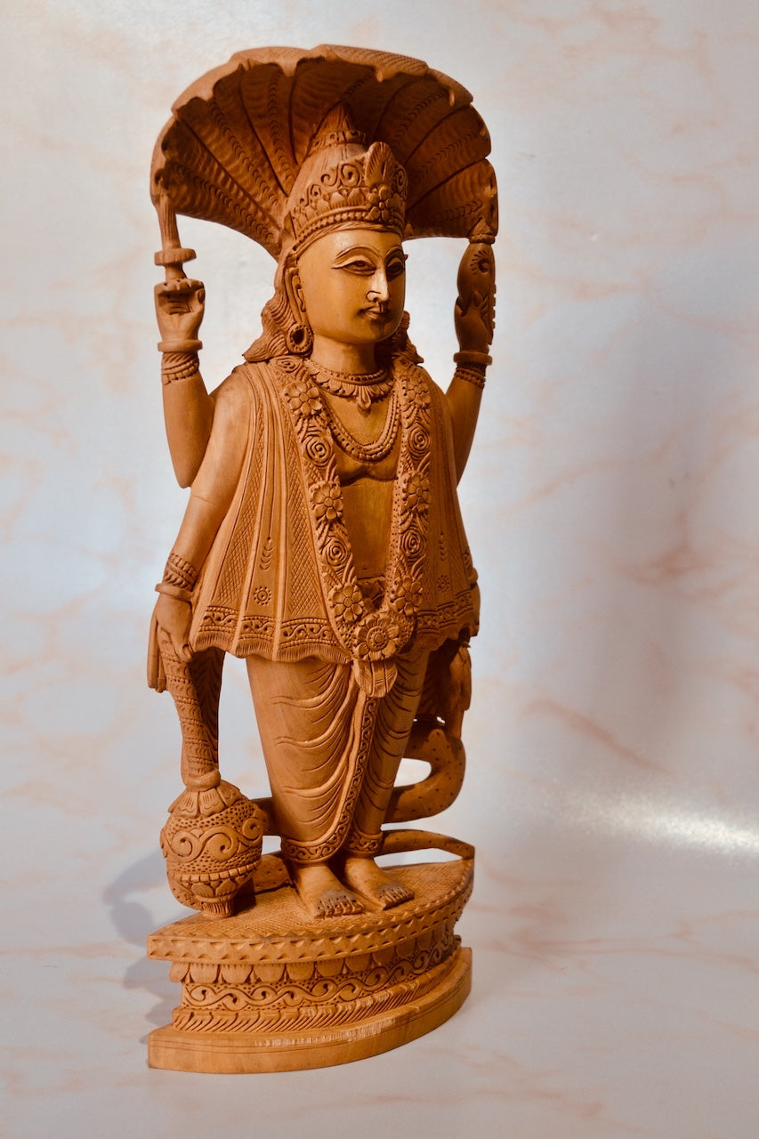 Wooden Carved Lord Vishnu Standing Statue with Snack Carved - Arts99 - Online Art Gallery