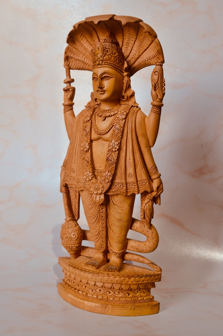 Wooden Carved Lord Vishnu Standing Statue with Snack Carved - Arts99 - Online Art Gallery