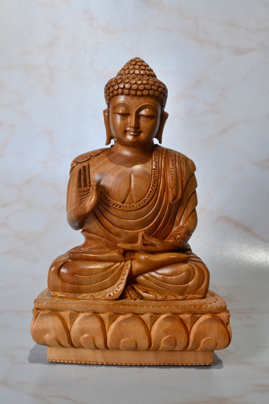 Wooden Buddha Meditation Sitting Statue with Smiling Face - Arts99 - Online Art Gallery