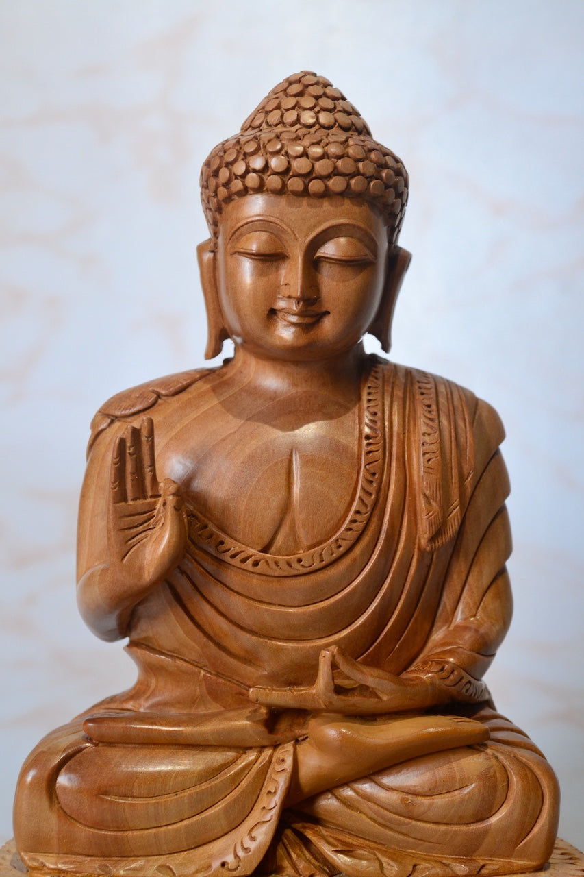 Wooden Buddha Meditation Sitting Statue with Smiling Face - Arts99 - Online Art Gallery