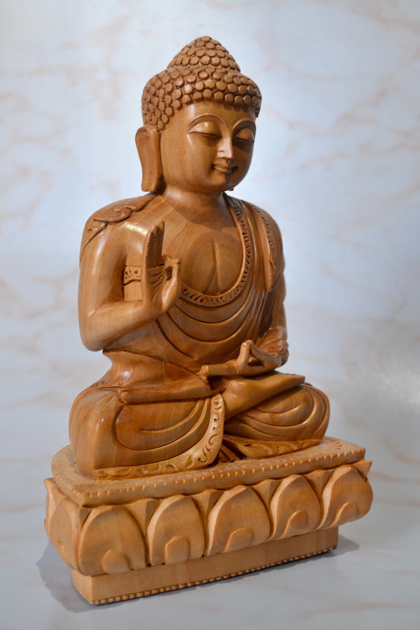Wooden Buddha Meditation Sitting Statue with Smiling Face - Arts99 - Online Art Gallery