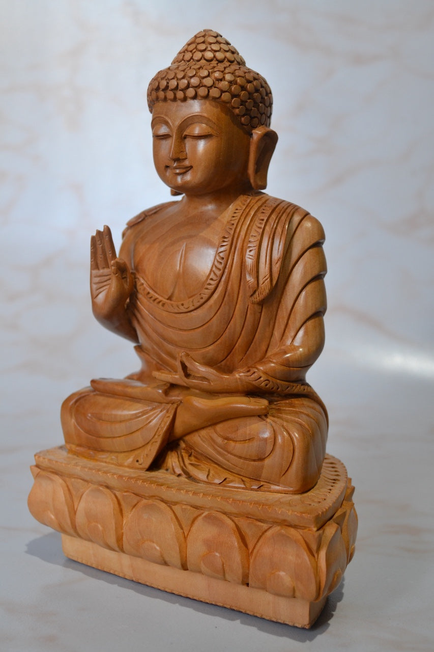 Wooden Buddha Meditation Sitting Statue with Smiling Face - Arts99 - Online Art Gallery