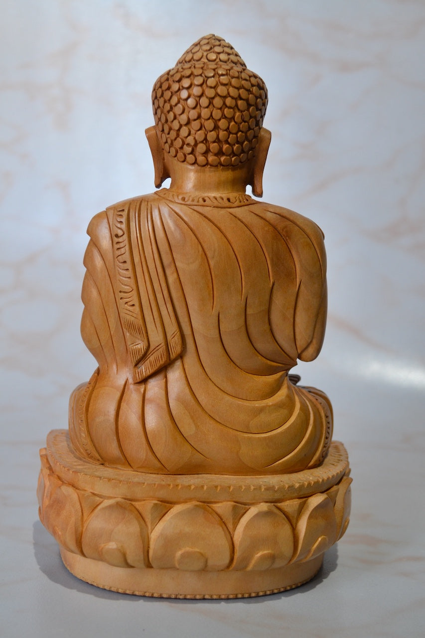 Wooden Buddha Meditation Sitting Statue with Smiling Face - Arts99 - Online Art Gallery