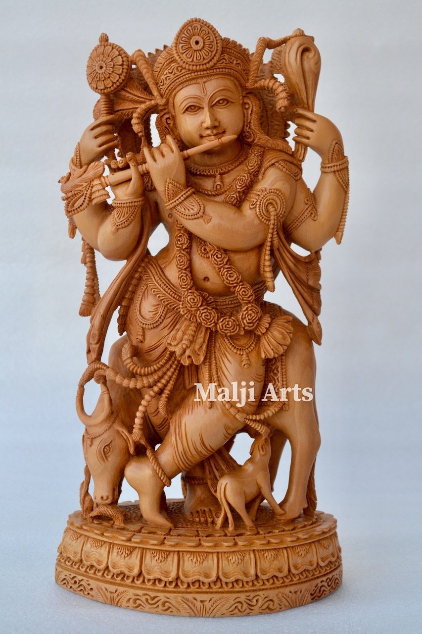 Standing Krishna Statue with Cow Wooden Fine Hand Carved Statue - Arts99 - Online Art Gallery