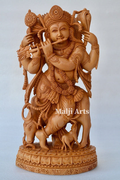 Standing Krishna Statue with Cow Wooden Fine Hand Carved Statue - Arts99 - Online Art Gallery