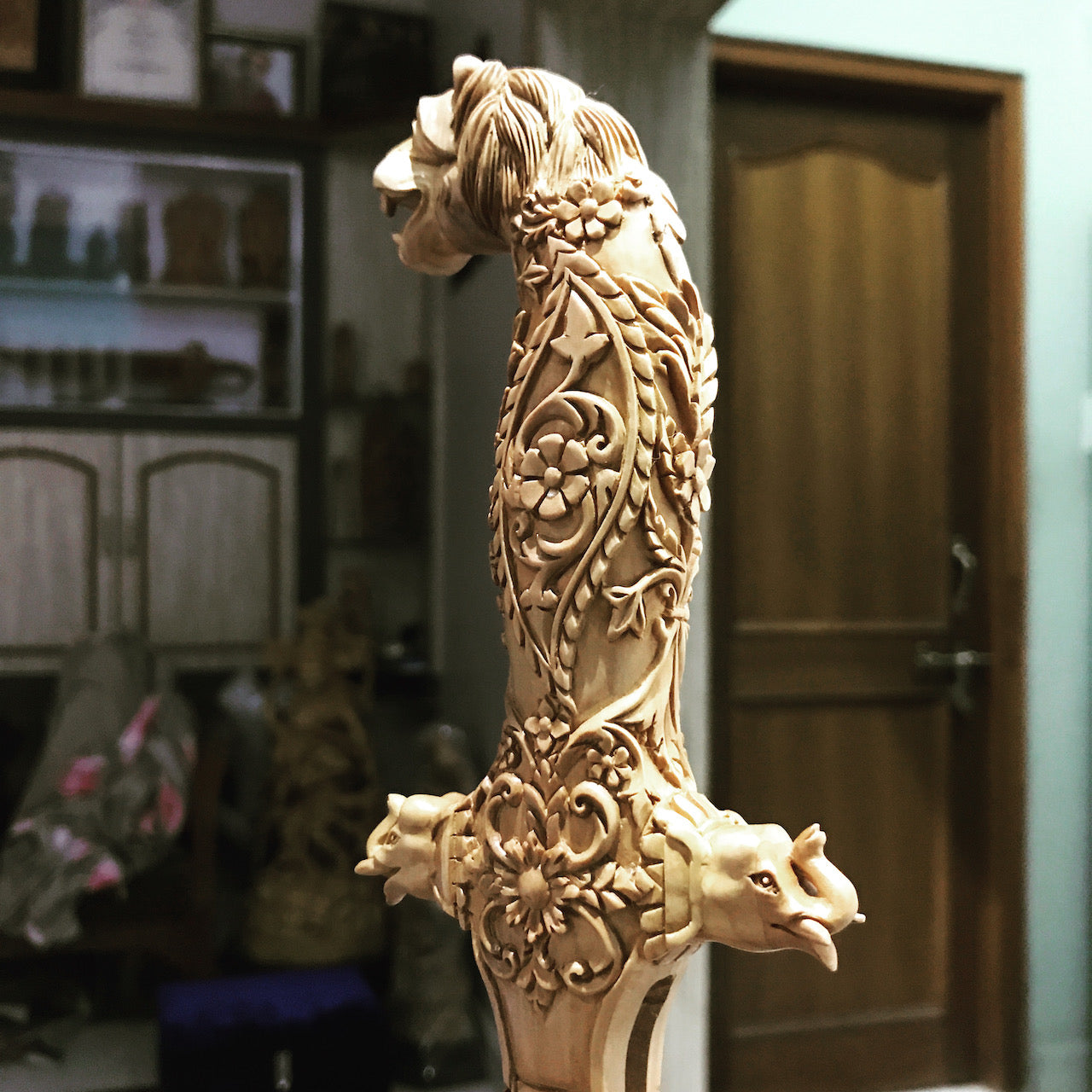 Rare Sandalwood Deep Carved Lion Face Sword Handle - Arts99 - Online Art Gallery
