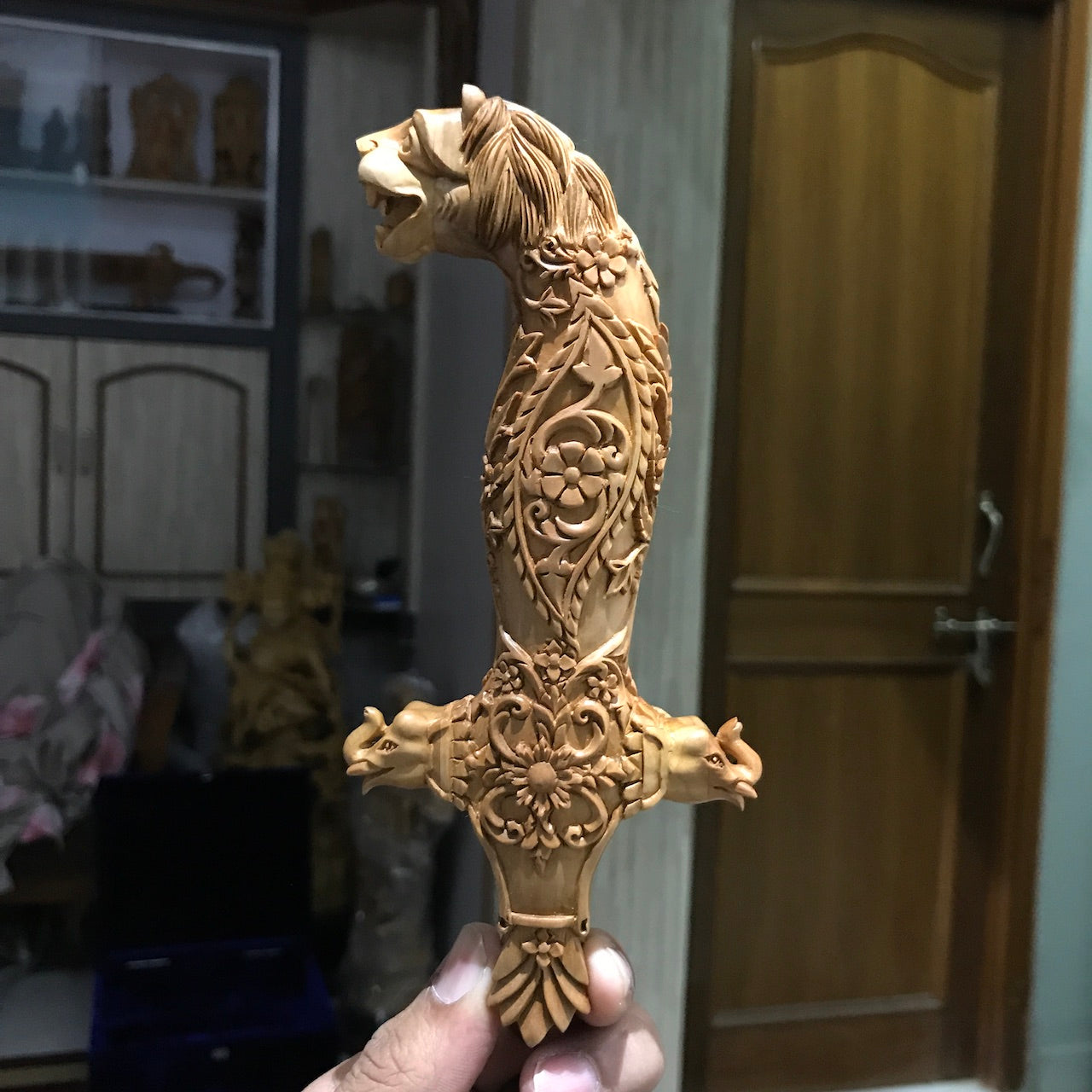 Rare Sandalwood Deep Carved Lion Face Sword Handle - Arts99 - Online Art Gallery