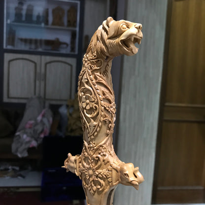 Rare Sandalwood Deep Carved Lion Face Sword Handle - Arts99 - Online Art Gallery