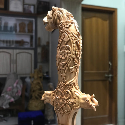 Rare Sandalwood Deep Carved Lion Face Sword Handle - Arts99 - Online Art Gallery