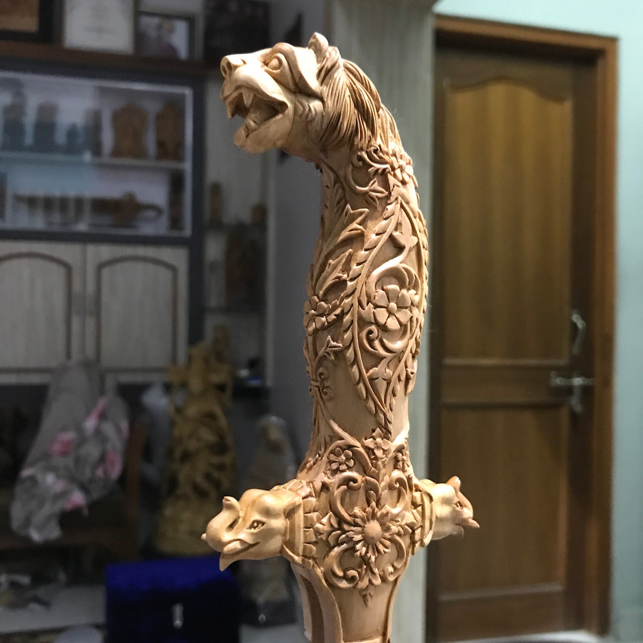 Rare Sandalwood Deep Carved Lion Face Sword Handle - Arts99 - Online Art Gallery