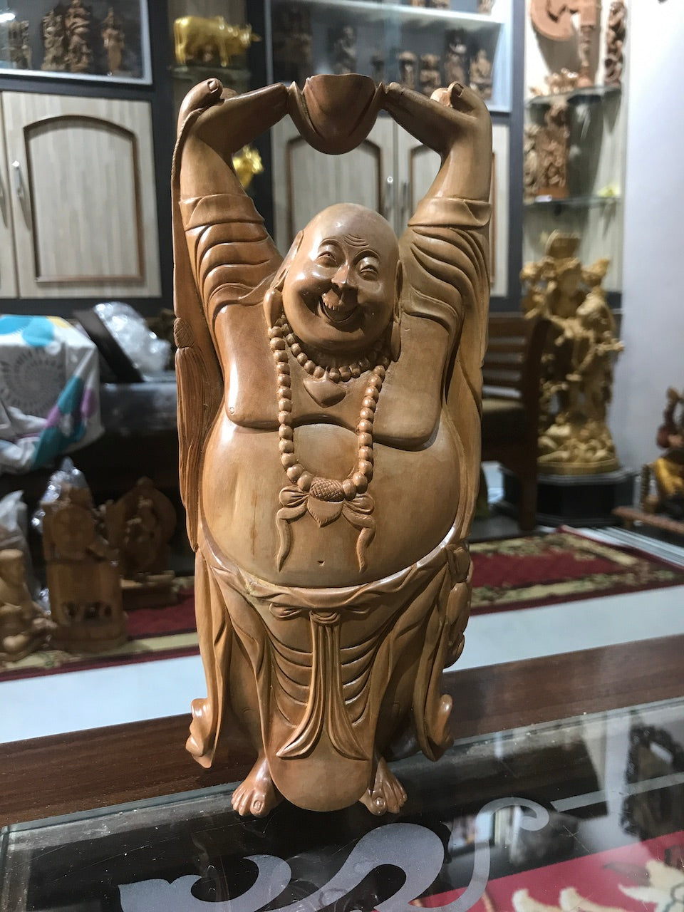 Sandalwood Carved Happy Man Laughing Buddha Statue 10" Inches - Arts99 - Online Art Gallery