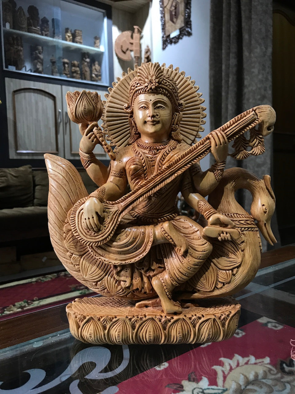 Wooden Fine Carved Goddess Saraswati Ji Statue - Arts99 - Online Art Gallery