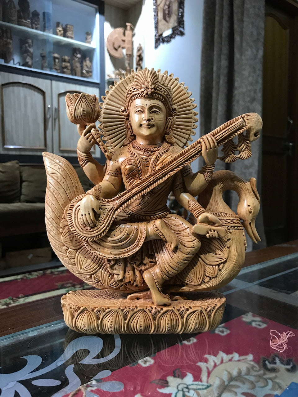 Wooden Fine Carved Goddess Saraswati Ji Statue - Arts99 - Online Art Gallery