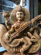 Wooden Fine Carved Goddess Saraswati Ji Statue - Arts99 - Online Art Gallery