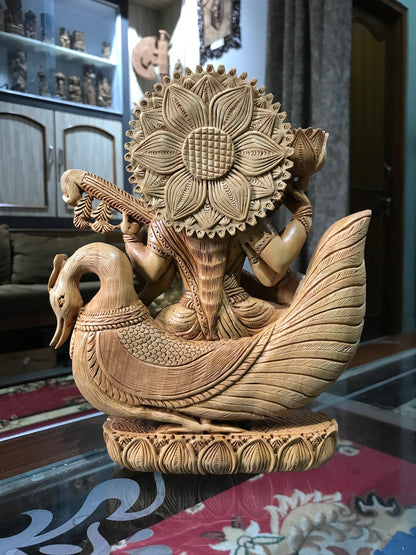Wooden Fine Carved Goddess Saraswati Ji Statue - Arts99 - Online Art Gallery