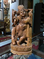Standing Krishna Statue with Cow Wooden Statue 12" Inches - Arts99 - Online Art Gallery