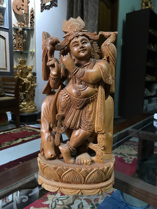 Standing Krishna Statue with Cow Wooden Statue 12" Inches - Arts99 - Online Art Gallery