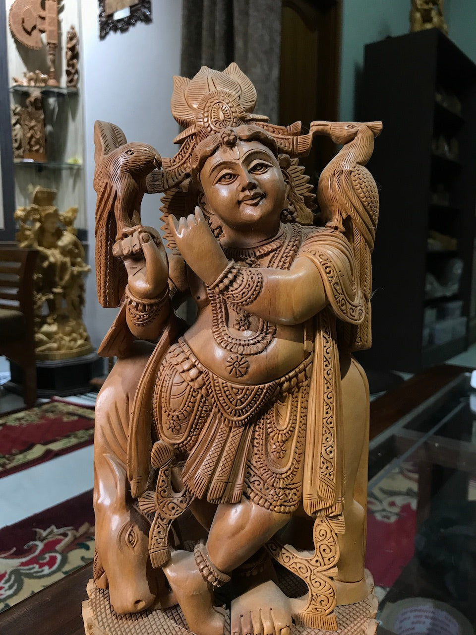 Standing Krishna Statue with Cow Wooden Statue 12" Inches - Arts99 - Online Art Gallery