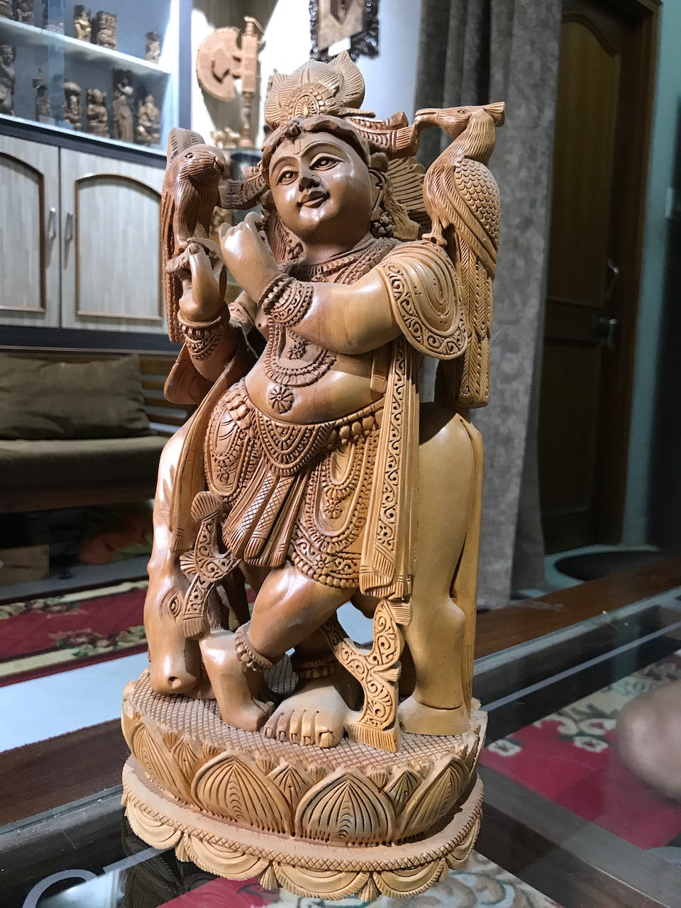 Standing Krishna Statue with Cow Wooden Statue 12" Inches - Arts99 - Online Art Gallery