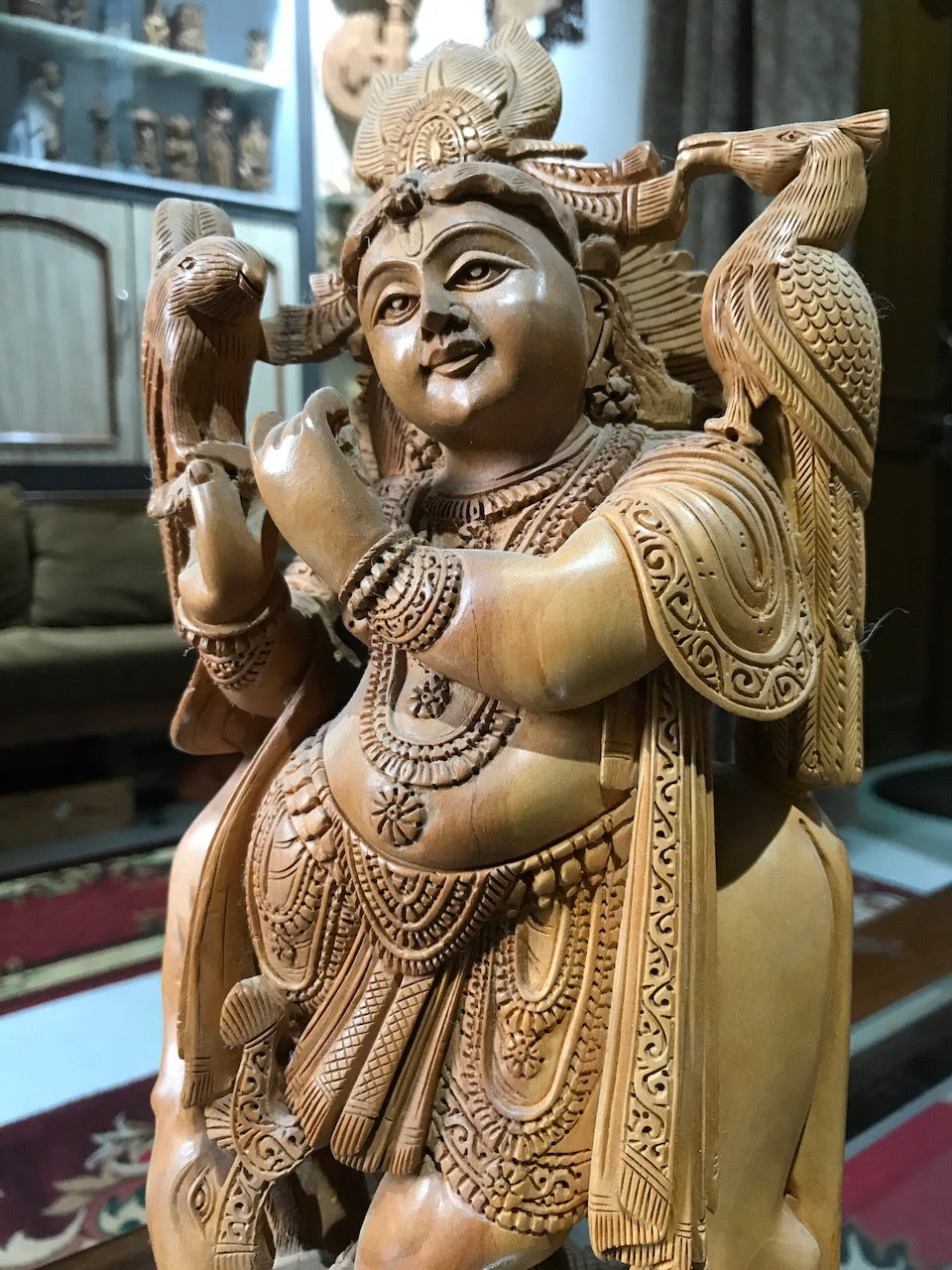 Standing Krishna Statue with Cow Wooden Statue 12" Inches - Arts99 - Online Art Gallery