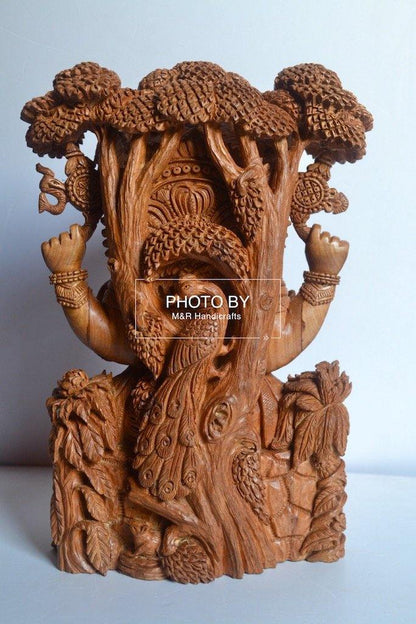 Sandalwood Hand Carved GANESH Under Tree Statue - Arts99 - Online Art Gallery