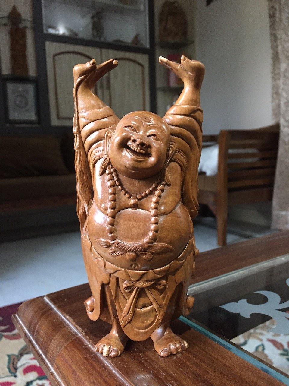Sandalwood Carved Happy Man Laughing Buddha Statue - Arts99 - Online Art Gallery