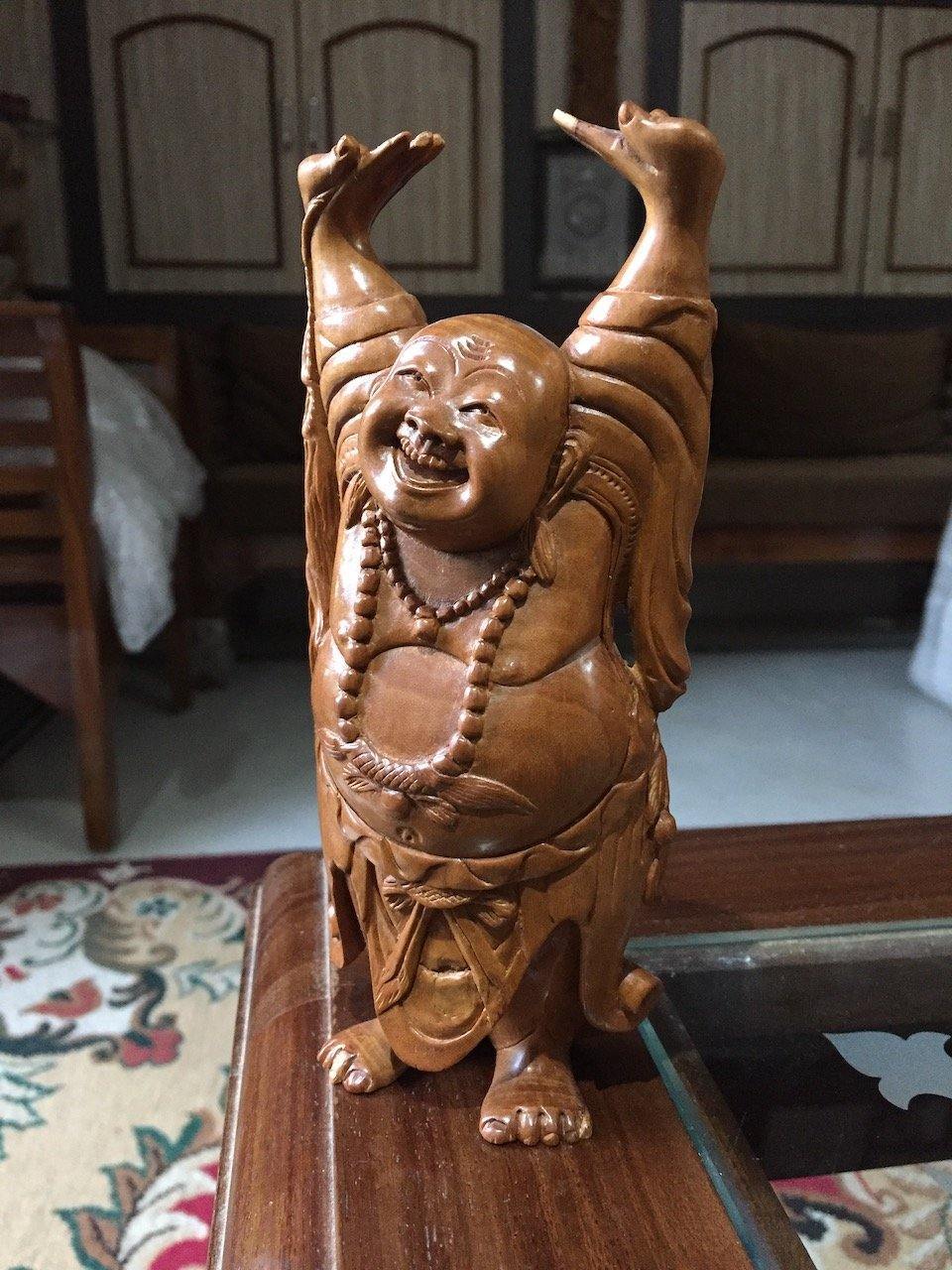 Sandalwood Carved Happy Man Laughing Buddha Statue - Arts99 - Online Art Gallery