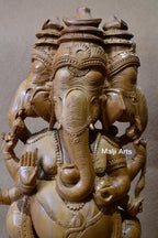 Sandalwood Vintage Large Size 3 Face Rare Ganesha Sitting Statue - Arts99 - Online Art Gallery