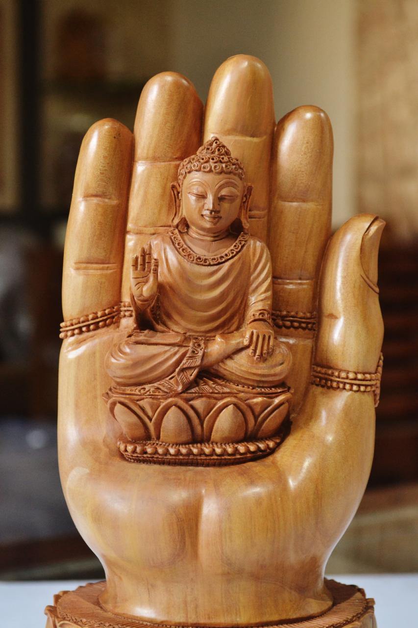 Sandalwood handmade Buddha statue in palm collectible Home Decor Gift - Arts99 - Online Art Gallery