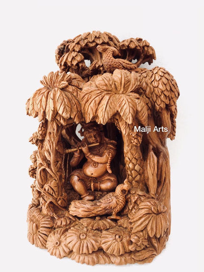 Sandalwood Baby krishna under tree playing flute - Arts99 - Online Art Gallery