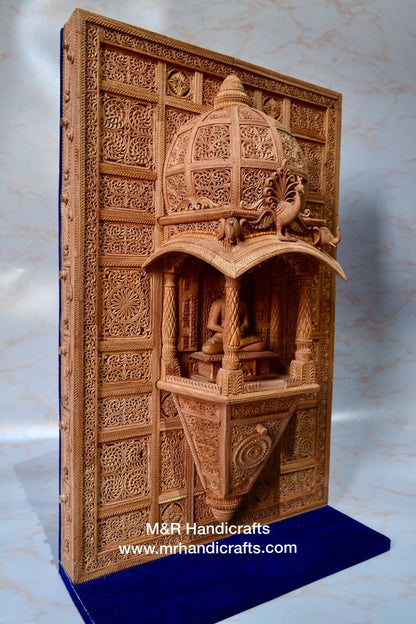 Sandalwood Carved Lord Mahaveera Jainism Jharokha with 14 Opening Lids - Arts99 - Online Art Gallery