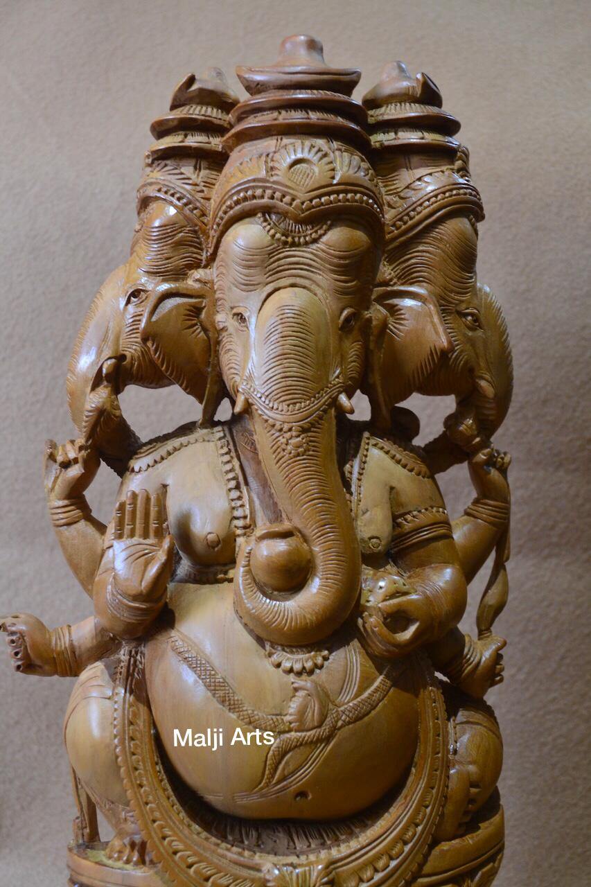 Sandalwood Vintage Large Size 3 Face Rare Ganesha Sitting Statue - Arts99 - Online Art Gallery