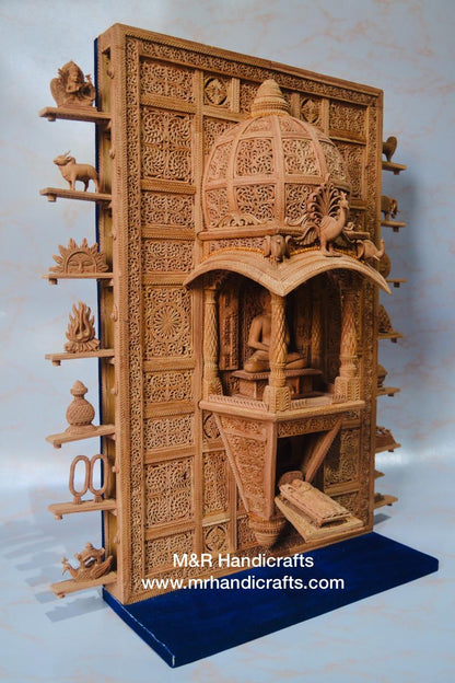 Sandalwood Carved Lord Mahaveera Jainism Jharokha with 14 Opening Lids - Arts99 - Online Art Gallery