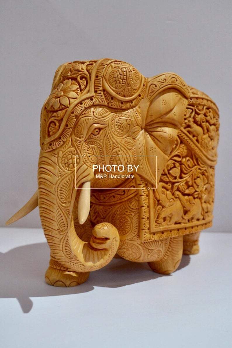 Wooden Very Fine Carved Elephant with Body Carving - Arts99 - Online Art Gallery
