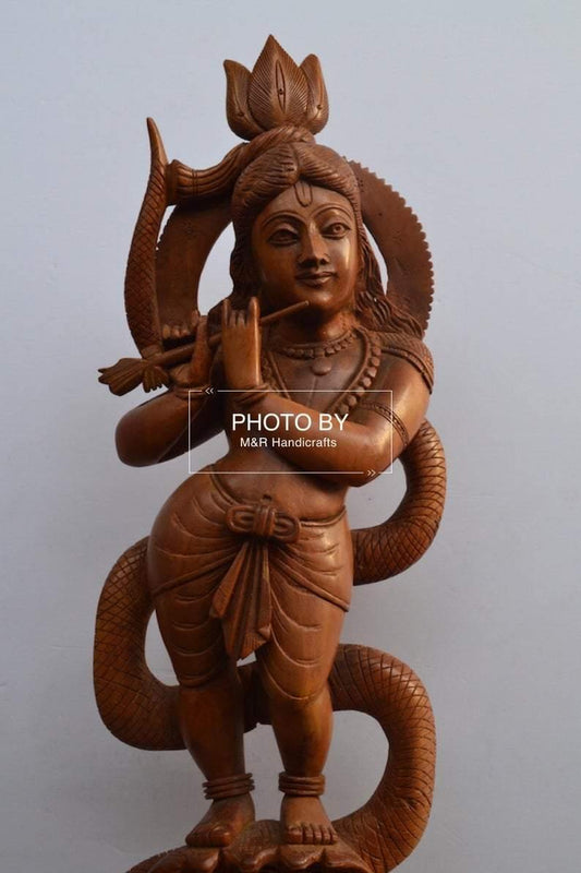 Sandalwood Antique Baby Krishna on Kalia Naag / Snack - Arts99 - Online Art Gallery