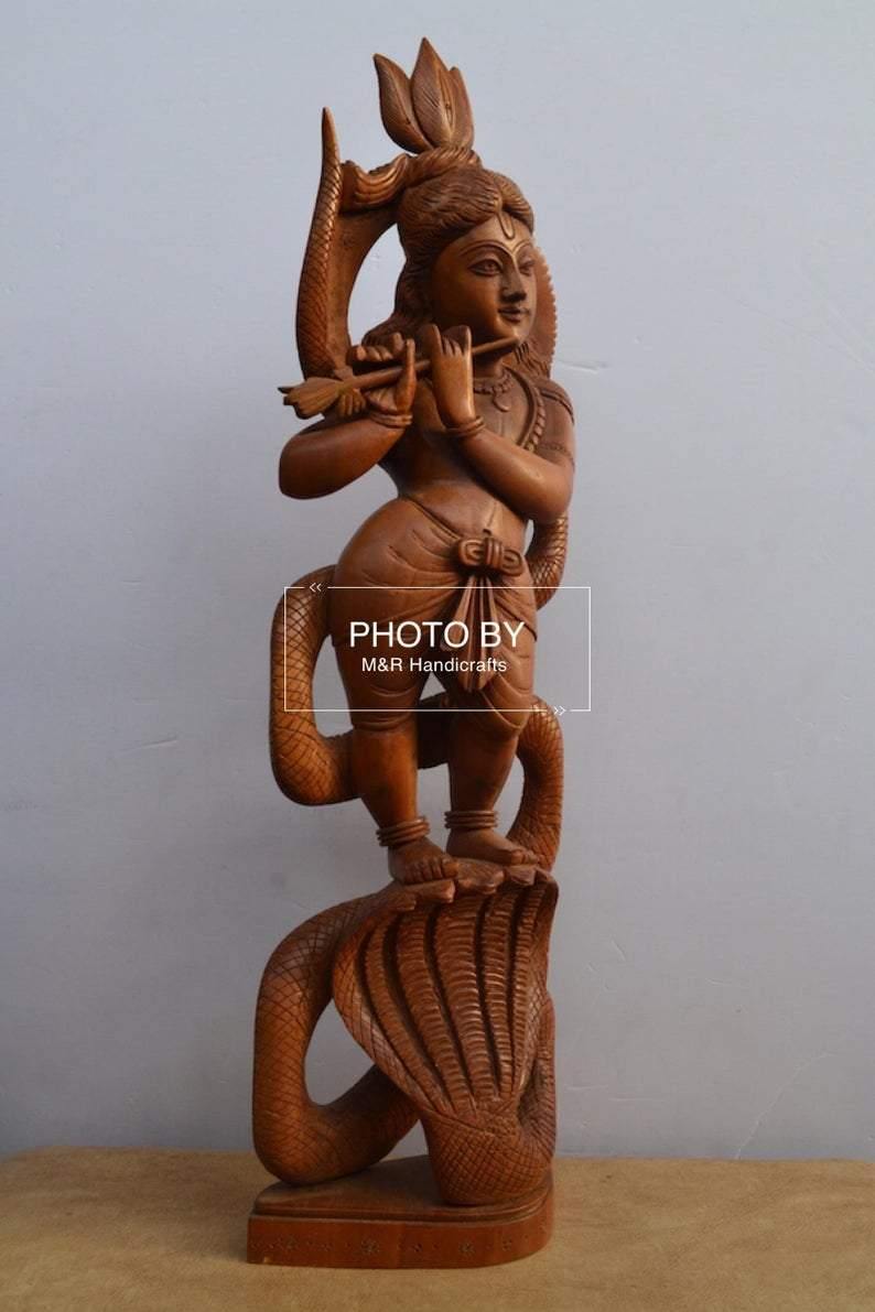 Sandalwood Antique Baby Krishna on Kalia Naag / Snack - Arts99 - Online Art Gallery