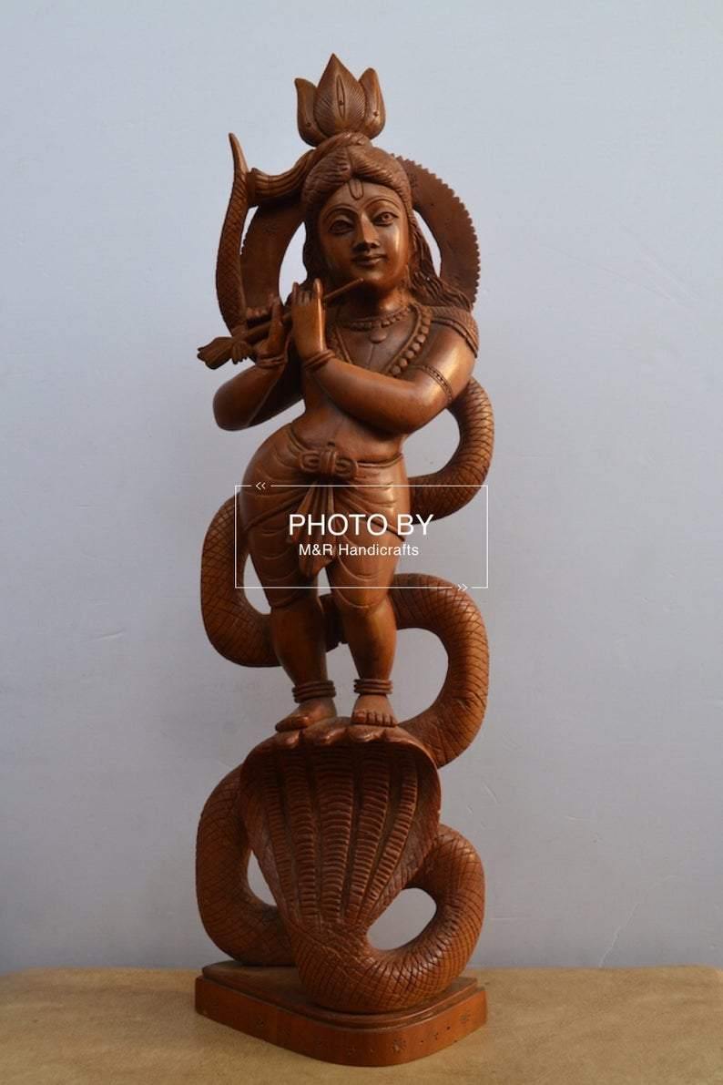 Sandalwood Antique Baby Krishna on Kalia Naag / Snack - Arts99 - Online Art Gallery