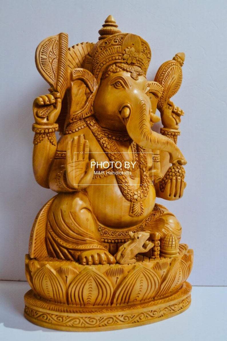 Wooden fine Hand Carved Lord Ganesha Sitting Statue - Arts99 - Online Art Gallery