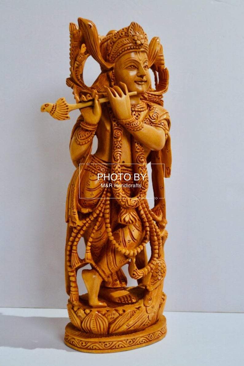 Wooden Fine Hand Carved Standing Krishna Statue - Arts99 - Online Art Gallery