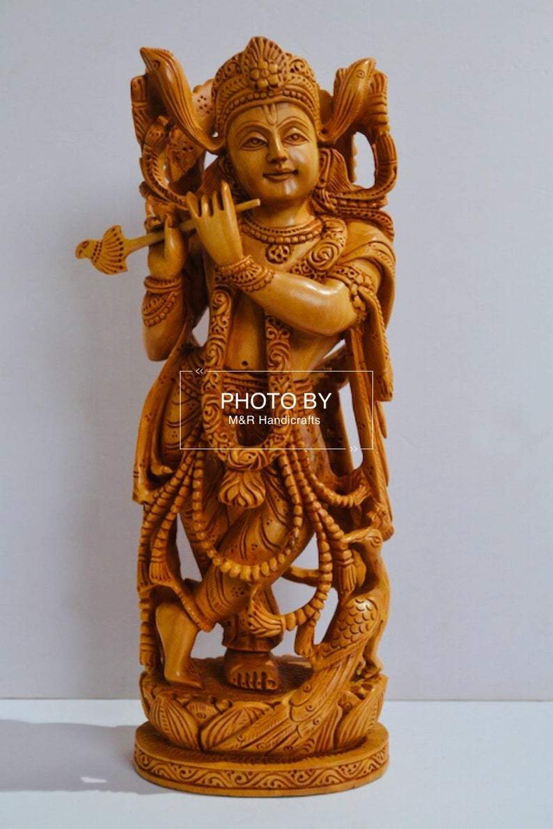 Wooden Fine Hand Carved Standing Krishna Statue - Arts99 - Online Art Gallery