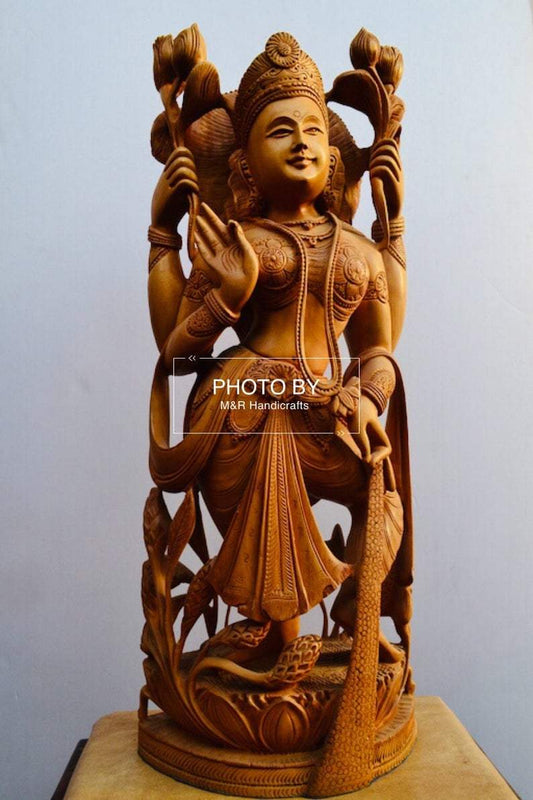 Wooden Beautifully Hand Carved Laxmi Ji Standing Statue - Arts99 - Online Art Gallery