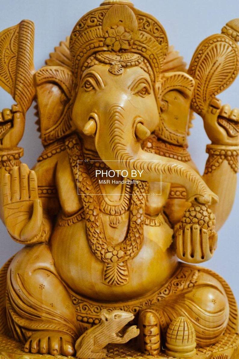 Wooden fine Hand Carved Lord Ganesha Sitting Statue - Arts99 - Online Art Gallery