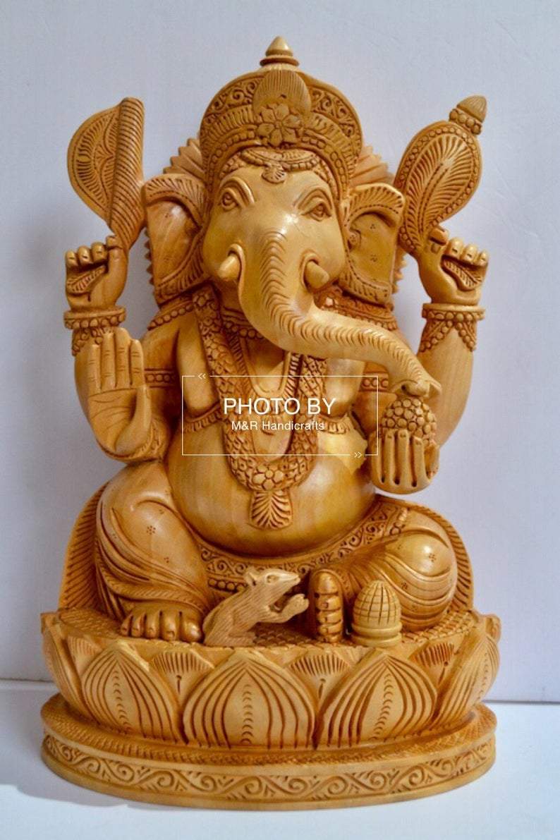 Wooden fine Hand Carved Lord Ganesha Sitting Statue - Arts99 - Online Art Gallery