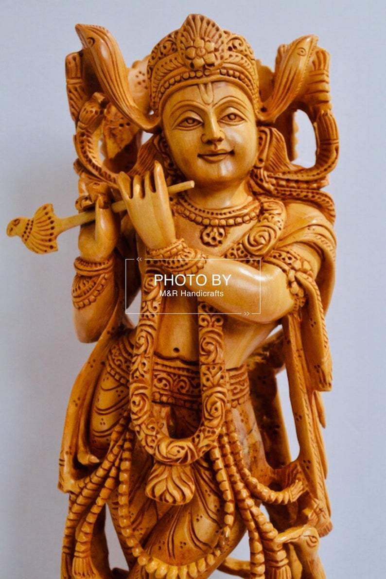 Wooden Fine Hand Carved Standing Krishna Statue - Arts99 - Online Art Gallery