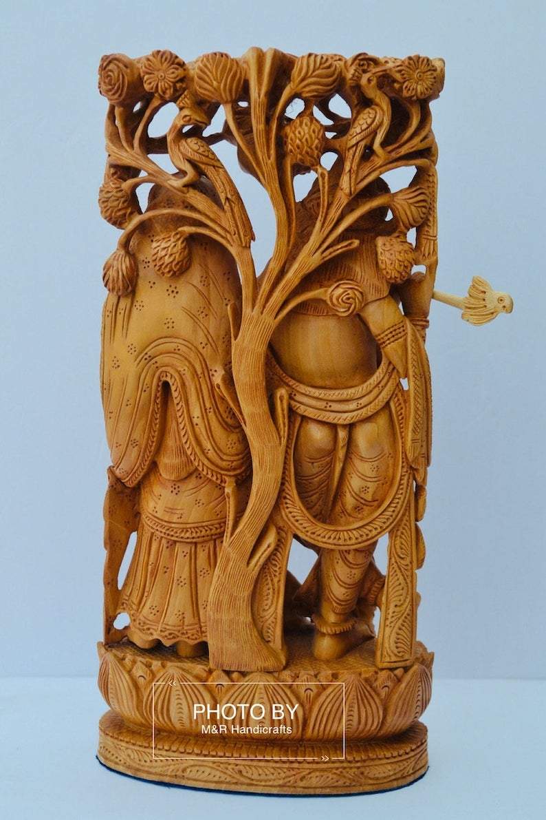 Wooden hand carved radha krishna jodi under tree - Arts99 - Online Art Gallery