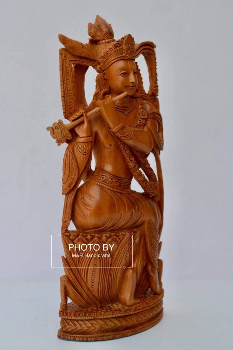 Sandalwood Very Fine Carved Sitting Lord Krishna Statue - Arts99 - Online Art Gallery