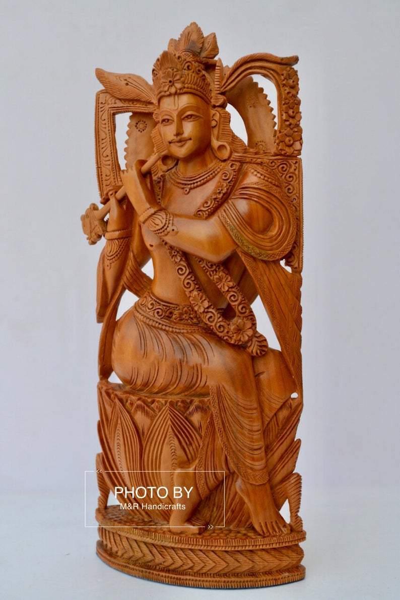 Sandalwood Very Fine Carved Sitting Lord Krishna Statue - Arts99 - Online Art Gallery